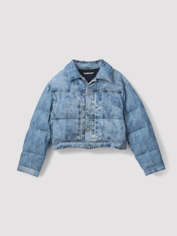 CROPPED DIGITAL PRINT DENIM PUFFER JACKET